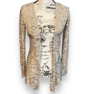 BKE Boutique Cardigan Crochet Ribbon Trim Varigated Tan & Cream Size XS